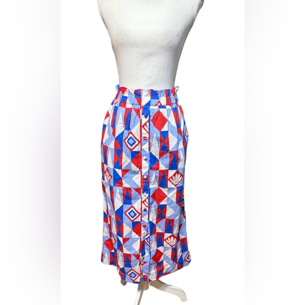 Printfresh XS Button Front Midi Skirt Red Blue Geometric Print Boho Summer Beach
